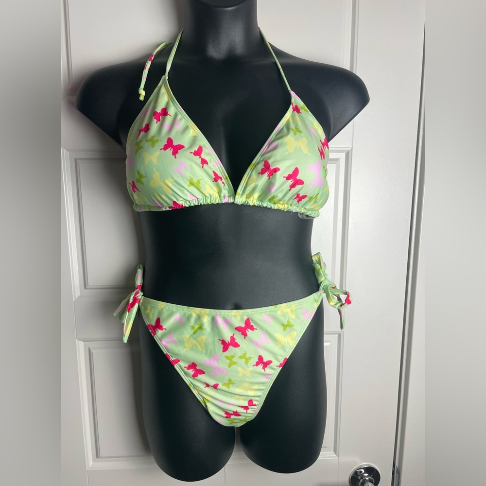 Neon Green Butterfly Print Triangle Bikini Set 1XL Tie Side Two Piece Swimsuit